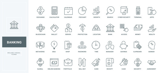 Cash money or credit card for payment, paper bill and financial safety of exchange and buy, wealth growth thin black outline symbols vector illustration. Online banking, finance line icons set.