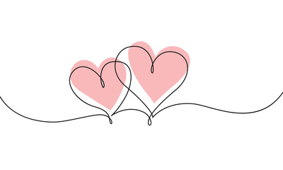 Two hearts continuous one line vector drawing. Hand drawn sketch on a white background