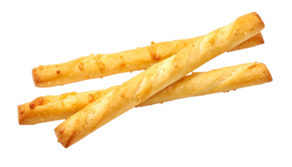 Three delicious cheese breadsticks falling against a transparent background, ready to be added to any food related design