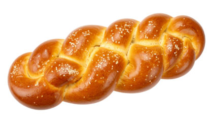 Golden braided challah bread sporting sesame seeds, gleaming texture against transparent backdrop, highlighting intricate woven pattern