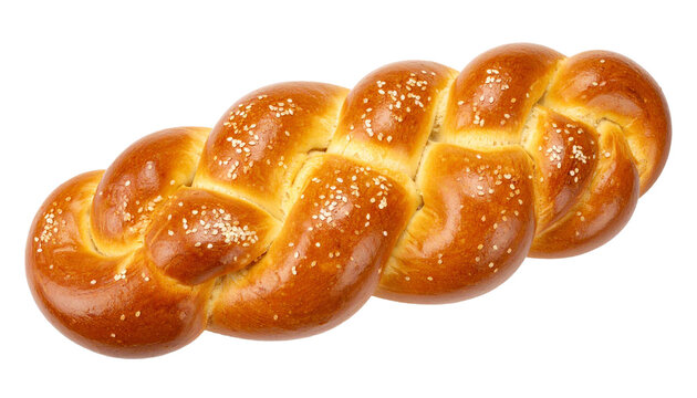 Golden braided challah bread sporting sesame seeds, gleaming texture against transparent backdrop, highlighting intricate woven pattern