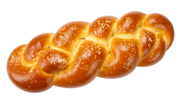 Golden braided challah bread sporting sesame seeds, gleaming texture against transparent backdrop, highlighting intricate woven pattern