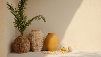 Minimalist arrangement of woven baskets, a ceramic vase, palm leaves, and lemons on a sunlit surface against a neutral wall.
