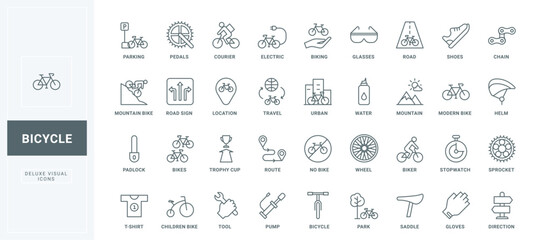 Electric and mountain bike, active leisure, road signs thin black outline symbols vector illustration. Bike parking and race, cyclist accessories and tools, city transport line icons set.