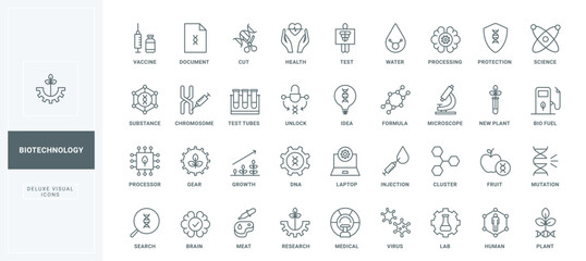 Genetic research and biotechnology, engineering in laboratory and science line icon set. Biochemistry, structure of DNA helix and chromosome thin black and red outline symbols vector illustration
