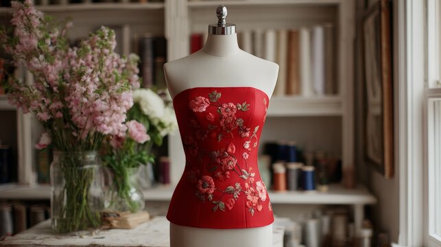 Red floral bustier on mannequin in elegant sewing studio