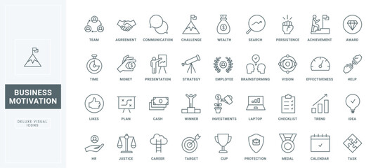 Company organization, planning and vision of success and growth, partnership thin black and red outline symbols, vector illustration. Business motivation, strategy of employment line icons set