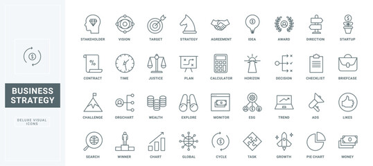 Outline corporate ethics, data presentation symbols, direction arrow and spyglass for vision. Business growth strategy, ideas for company success thin black and red line icons set vector illustration.
