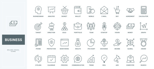 Outline symbols of money protection and accounting, monitoring and analysis of global trend by chart, agreement and communication. Business thin black and red line icons set vector illustration