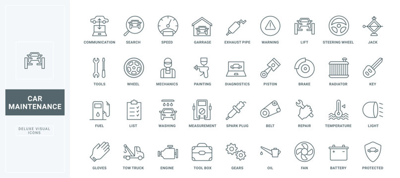 Outline symbols of vehicle garage checkup, test list and diagnostics of tires, wheels and engine, gas station. Car repair and maintenance service thin black and red line icons set vector illustration.
