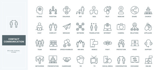 Conflict management and team dialogue, share and exchange ideas, speech bubbles and messages of chat thin black outline symbols vector illustration. Business communication line icons set.