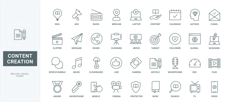 Outline creative symbols of authors ideas to produce and share online articles, video films. Software and services for blogging, content creation thin black and red line icons set vector illustration