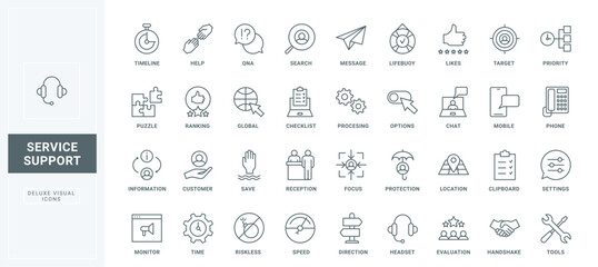 Processing user message and help, online answer to question and advice from phone or chat assistant thin black outline symbols vector illustration. Customer support, call center line icons set.