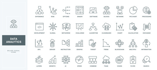 Search and combine information thin black outline symbols vector illustration. Data analysis and research, financial analytics and stock market trend monitoring by analysts team line icons set.
