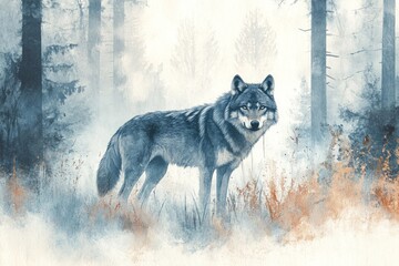 Gray wolf in misty forest