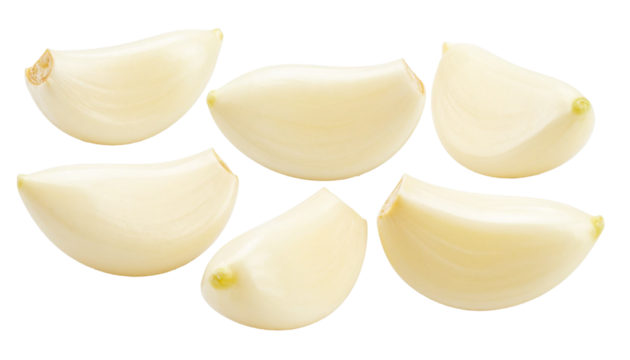 Peeled garlic cloves lying neatly on clear surface, highlighting culinary freshness and aromatic potential for cooking imagery
