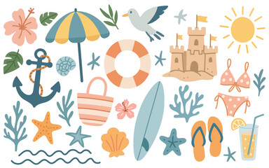 Set of summer illustrations on the marine theme. Beach sticker set. Seagull, anchor, shells, sand castle, swimsuit, cocktail, surfboard. Modern vector illustration in flat hand-drawn style