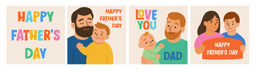 Set of colorful Father's Day greeting cards. Illustrations in a modern hand-drawn style. Images of children and a father. Father's Day templates for ads, poster, cover, banner, social media