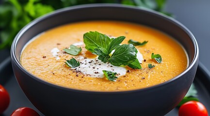A bowl of roasted creamy pumpkin and tomato soup garnished with cream and fresh herbs.