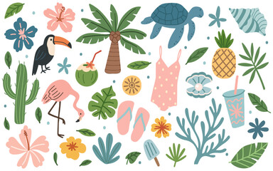 Set of summer illustrations on exotic theme. Beach sticker set. Palm trees, shells swimsuit, tropical leaves, parrots, flamingos, coconut, shells, flowers. Modern vector illustration in flat style