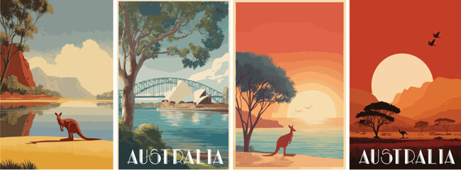 Obraz premium Australia vintage style travel poster set. Collection of scenic art deco retro tourism illustrations