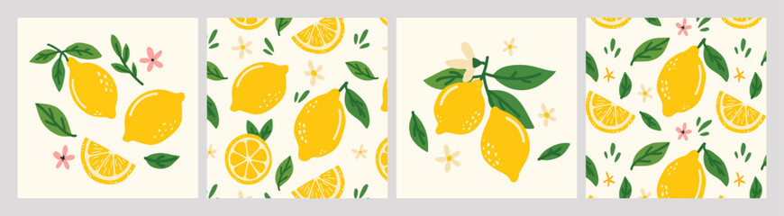 Set of colorful posters with hand drawn lemons, leaves and flowers. Dolce vita aesthetics. Ideal for designing postcards, banners, posters, menus, social media