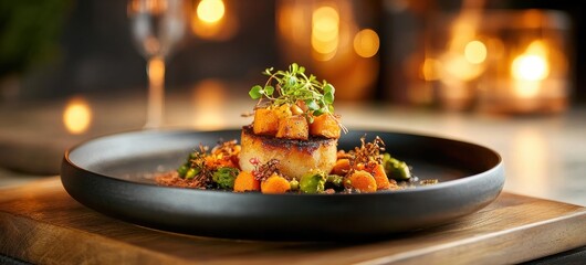 Elegant gourmet dish plated with microgreens and vegetables, served on a black plate in a warmly lit, upscale restaurant setting.