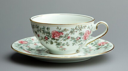 Porcelain tea cup with floral design and saucer