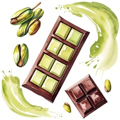 Dubai famous dessert, a chocolate bar with pistachio cream and kadayif filling illustrated in watercolor style.
