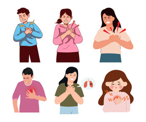 Set illustrations of people experiencing chest pain isolated on transparent background
