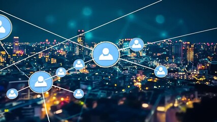 Night cityscape with digital connection icons symbolizing social networking and urban life - Powered by Adobe
