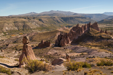 Dramatic scenic view of eroded rock formations of Los Bolillos Neuquen, Argentina