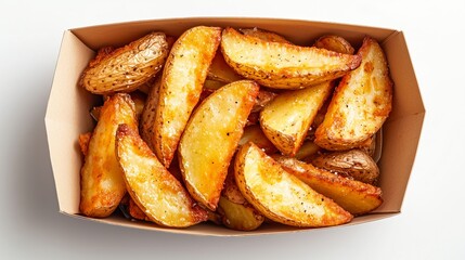 Golden crispy potato wedges with seasoning, served in a cardboard box on a white background, top view.