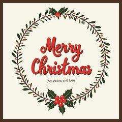 Holiday Christmas Greeting Card. Merry Christmas lettering with floral wreath frame. Vector illustration