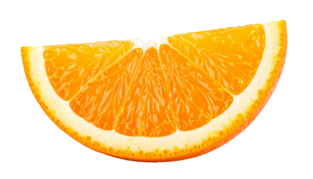 Ripe orange segment revealing juicy pulp segments, vivid orange hue glistening against transparent surface