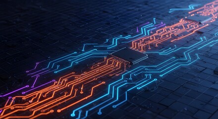 Technology Background With Glowing Circuit Paths and Data Streams on Dark Digital Grid