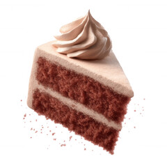 A delicious slice of chocolate cake with creamy frosting, perfect for desserts and celebrations. The texture looks moist and inviting, showcasing layers of fluffy cake.
