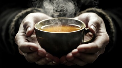 Steaming cup of tea held with two hands