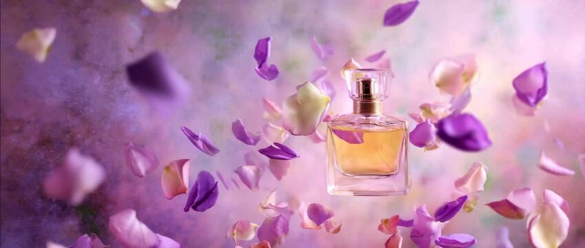 Botanical perfume spray motion with botanical perfume bottle, botanical perfume mist and floral botanical perfume essence