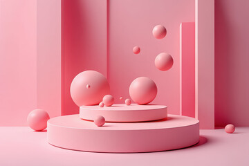 Pink geometric shapes with spheres on podiums and background