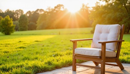 Fototapeta premium Wooden patio chair with cushion in lush green field at sunrise 