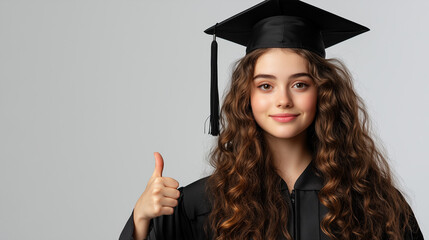 Young woman in graduation gown giving a thumbs up, celebrating her achievement.