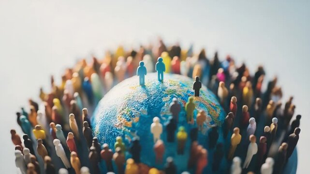 Global Community United: Miniature People Surrounding Earth, Symbolizing Collaboration