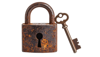 Old rusty padlock with its antique key isolated on transparent background, high detail, no shadows
