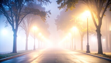 Ethereal streetscape illuminated by vintage lampposts in atmospheric foggy condition