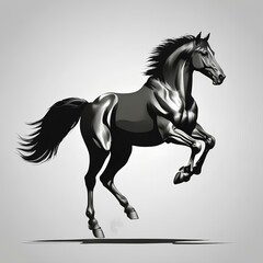 Elegant black and silver stylized horse in mid-gallop, showcasing flowing mane and muscular build against a plain background
