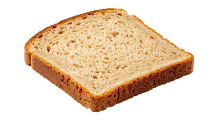 Rye bread slice revealing dense crumb, deep golden brown crust, crisp edges gleaming against clean white backdrop