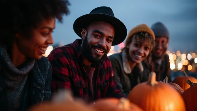 Friends enjoying autumn evening while carving pumpkins in a cozy outdoor setting under city lights