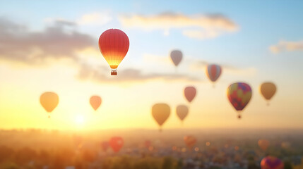 Naklejka premium Pixelated Hot Air Balloons Over Cityscape at Sunrise