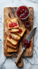 Toasted slices of bread, thin, crispy with strawberry jam, strawberry jam in glass jar next to an old knife. On wooden old board.